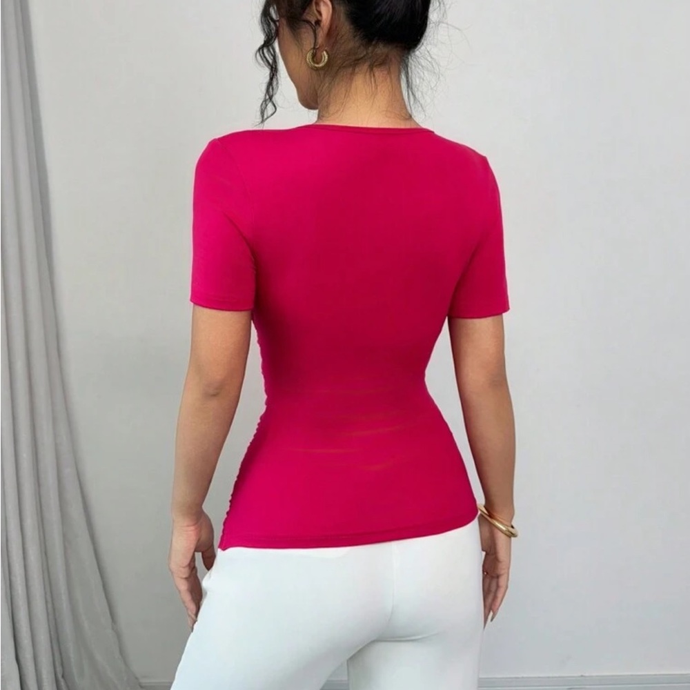 Deep V-Neck 3D Flower Ruched Waist Slim Fit Short Sleeve Top Blouse Shirt Pink - Picture 3 of 5